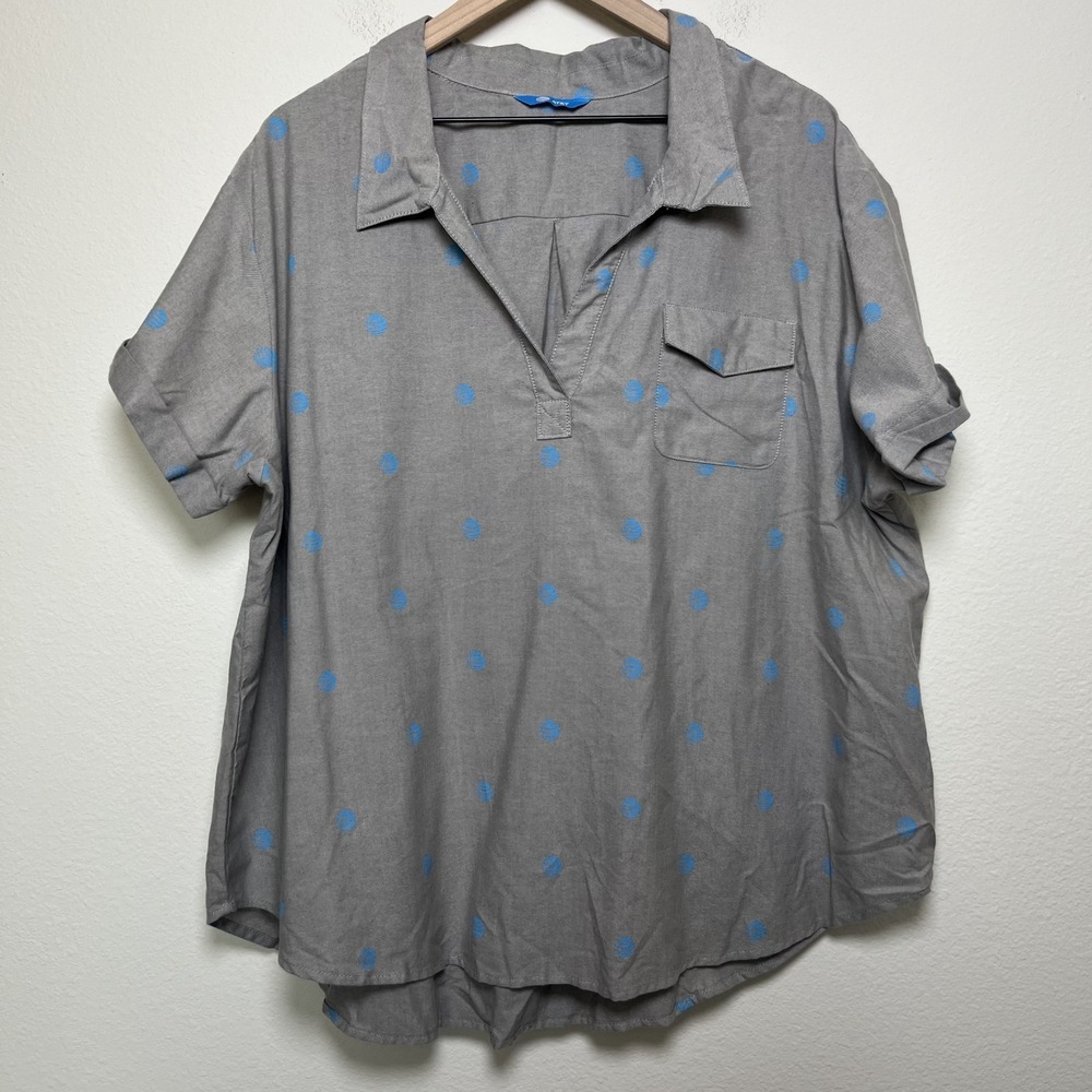 AT&T Women Henley Popover Top 2X Gray Blue Short Sleeve‎ Pocket Cotton Poly